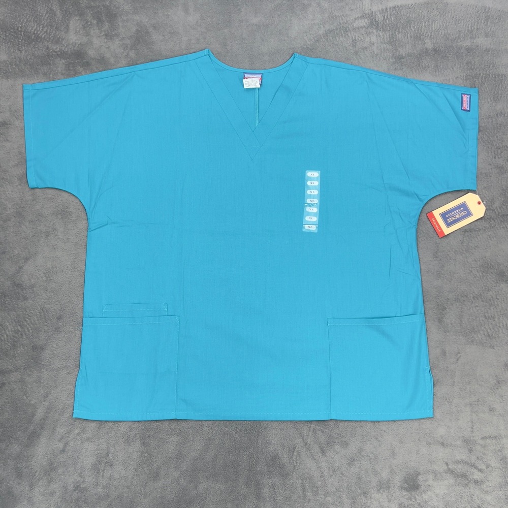 Cherokee Workwear Authentic Scrubs Top V Neck Turquoise XL Polyester Cotton Blen